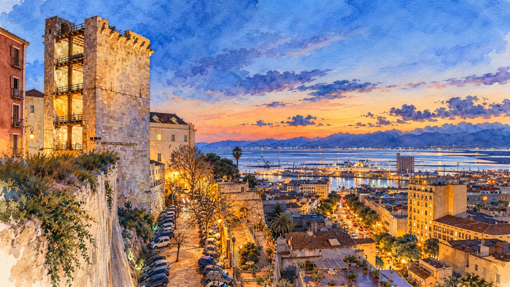 Watercolour: Cagliari establishing view