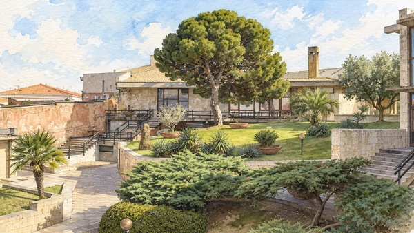 Watercolour: Cittadella dei Musei, courtyard and museum precinct beneath a broad pine tree