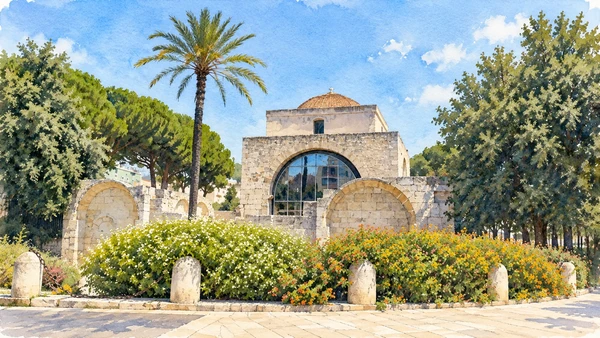 Watercolour: San Saturnino, surviving central church volume and modern glazed arch behind the garden