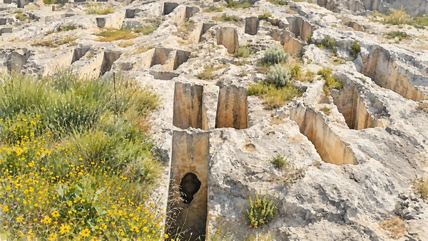 Watercolour: Tuvixeddu necropolis, rectangular rock-cut burial shafts among limestone and spring flowers