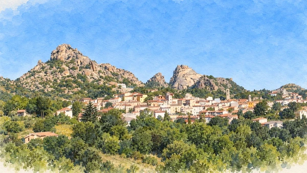 Watercolour: Aggius, village panorama beneath distinctive granite hills