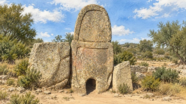 Watercolour: Coddu Vecchiu, rounded central stele with raised border and small basal opening