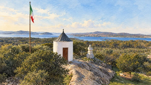 Watercolour: Compendio Garibaldino Caprera, small former mill and flag above the island landscape