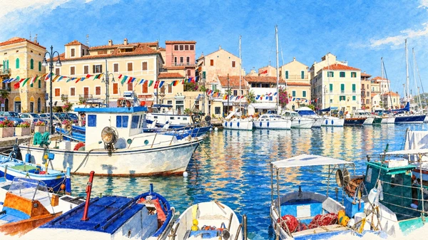 Watercolour: La Maddalena, Cala Gavetta harbour with boats and pastel waterfront houses