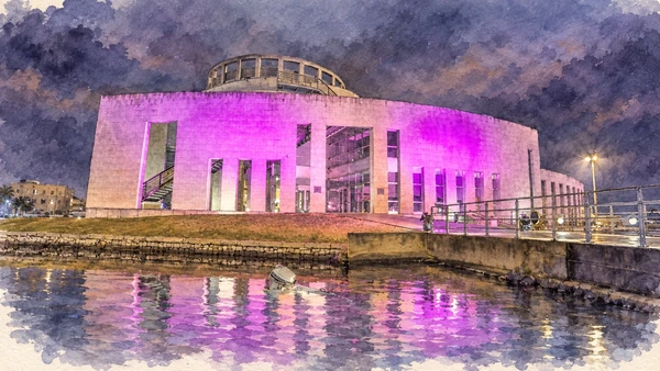 Watercolour: Olbia Archaeological Museum, waterfront exterior under documented coloured night illumination