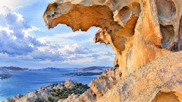 Watercolour: Roccia dell’Orso Palau, weathered granite overhang above the blue archipelago