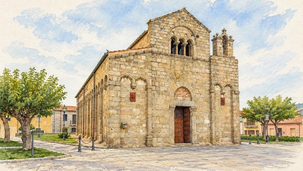 Watercolour: San Simplicio Olbia, granite facade with three-light window and small right-hand bellcote