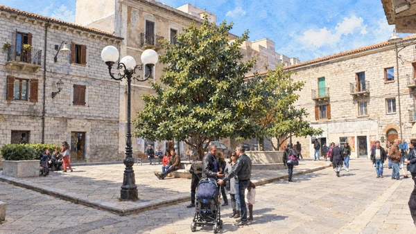 Watercolour: Tempio Pausania, Piazza Italia with granite facades, central tree and pedestrians