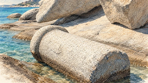 Watercolour: Capo Testa, worked granite column fragment among coastal quarry blocks