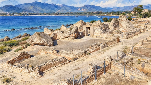Watercolour: Nora Terme a mare, collapsed vault fragments and excavated baths beside the water