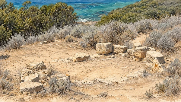 Watercolour: Bithia at Chia, fragmentary stone remains among coastal scrub above the sea