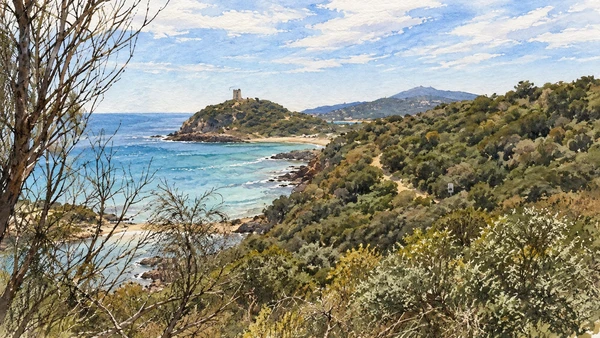 Watercolour: Chia, distant watchtower on its promontory framed by coastal scrub