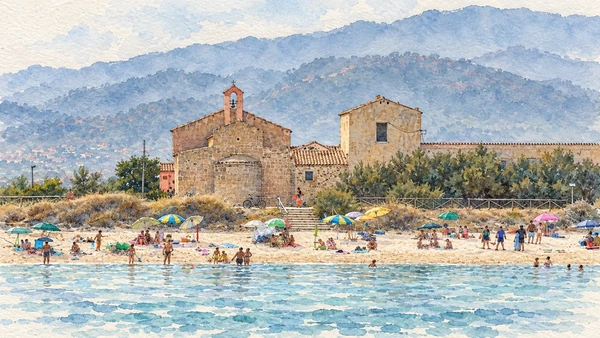 Watercolour: Sant’Efisio at Nora, church and adjoining buildings seen across the beach and shallow water