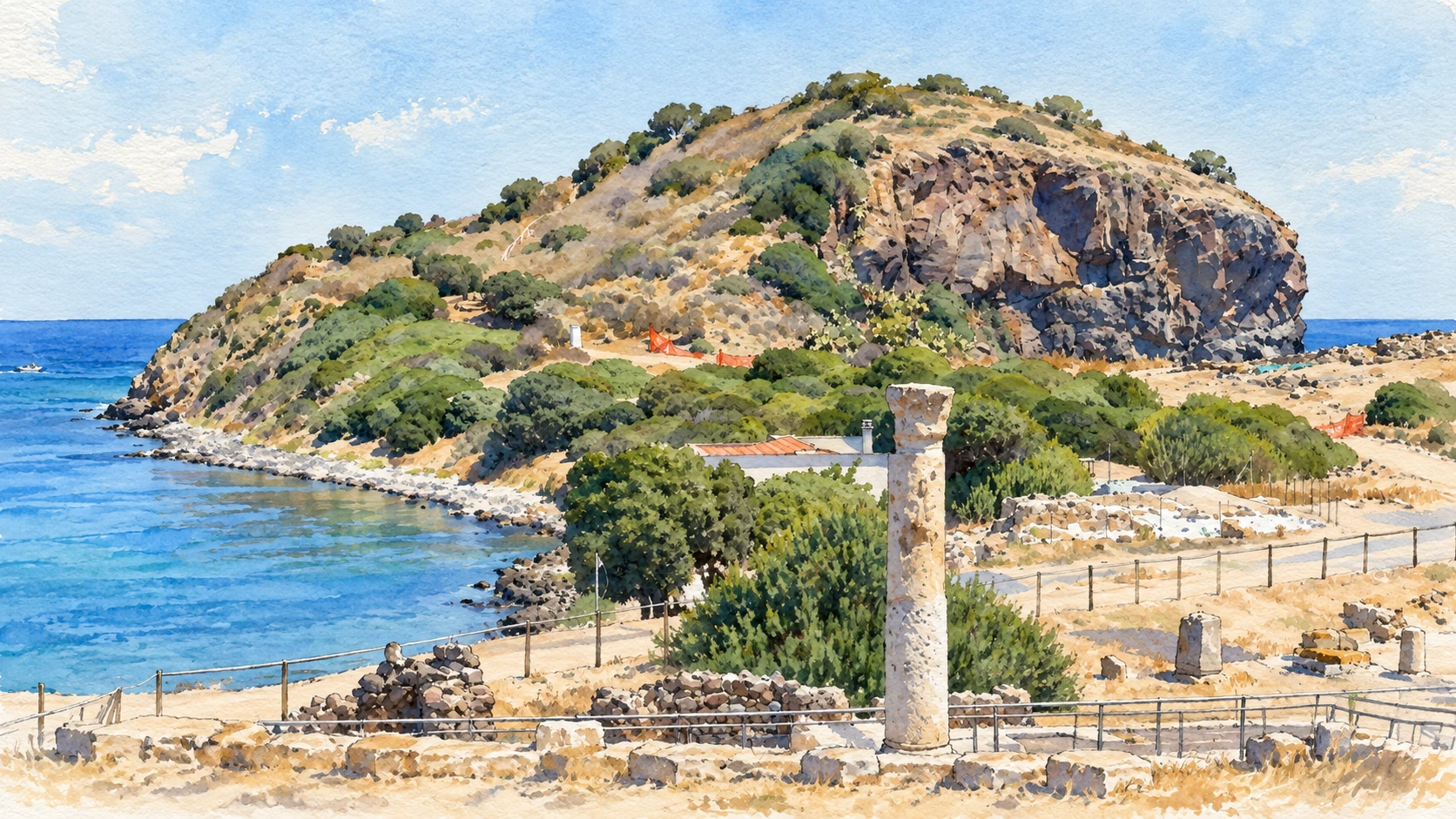 Watercolour: Nora and the southern coast establishing view