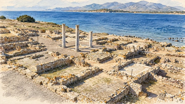 Watercolour: Casa dell’atrio tetrastilo, three columns visible in the reference view above the excavated house