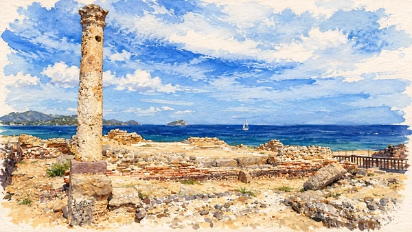 Watercolour: Nora archaeological park, standing column and low excavated remains beside the sea