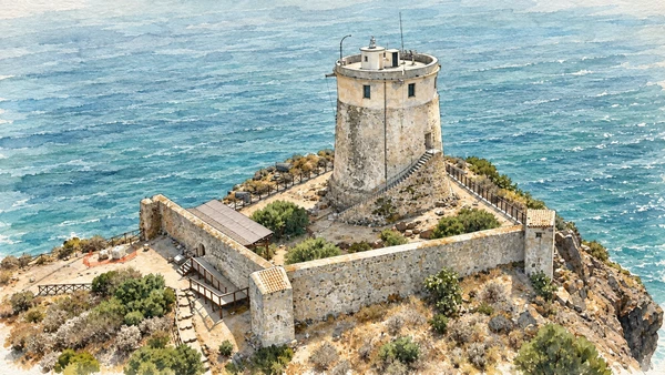 Watercolour: Torre del Coltellazzo, aerial view of the altered coastal tower and enclosing fortifications