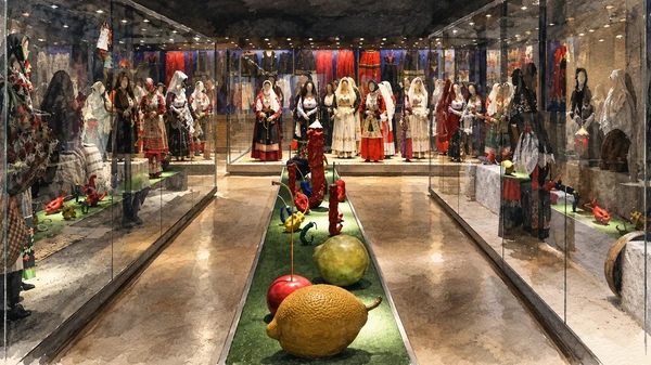 Watercolour: Nuoro Costume Museum, glass displays of traditional clothing and a central exhibition installation