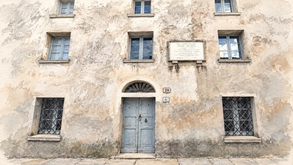 Watercolour: Casa museo Grazia Deledda, weathered facade with blue-grey windows and central entrance