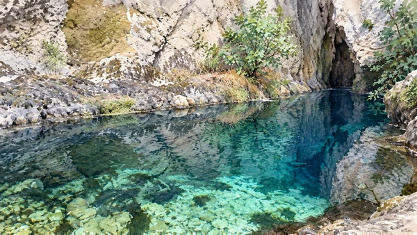 Watercolour: Su Gologone, clear water in the narrow limestone spring fissure