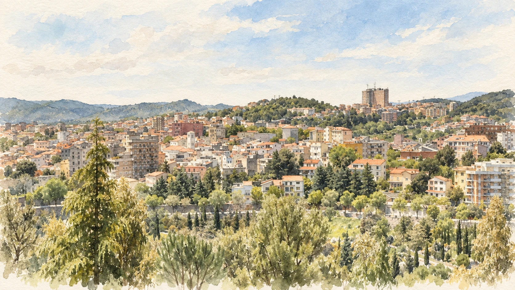 Watercolour: Nuoro and Barbagia establishing view