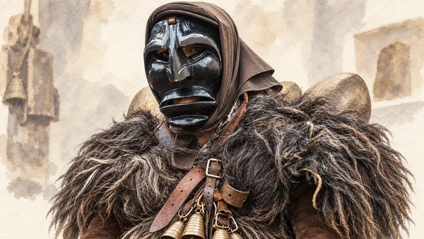 Watercolour: Mamoiada, documented Mamuthone black wooden mask, headcloth, sheepskin and leather straps