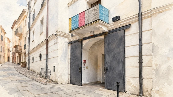 Watercolour: MAN Nuoro, pale facade and dark entrance panels on the historic-centre street