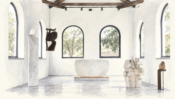 Watercolour: Museo Nivola in Orani, pale sculpture gallery with round-arched windows and exposed roof beams