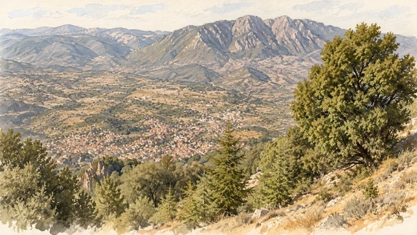 Watercolour: Oliena, elevated view across the town and cultivated valley toward surrounding hills