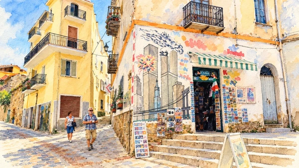 Watercolour: Orgosolo, inhabited street with balconies, steps, shopfront and mural-painted walls