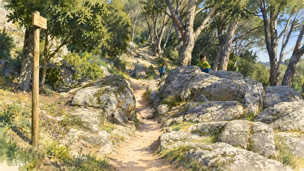 Watercolour: Monte Ortobene, woodland path between rounded granite boulders