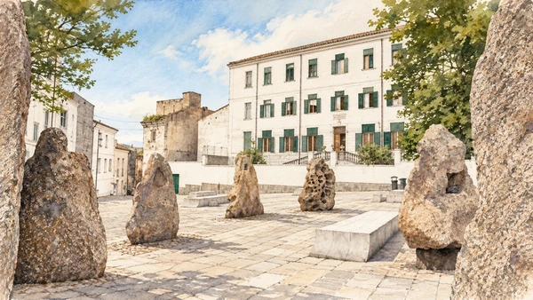 Watercolour: Piazza Satta in Nuoro, granite boulders and niches within the pale paved square