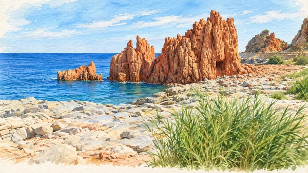 Watercolour: Arbatax, jagged red porphyry beside the sea and pale rocky shore
