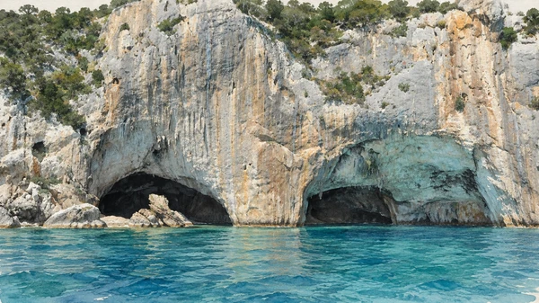 Watercolour: Bue Marino, paired dark sea entrances below the limestone cliff