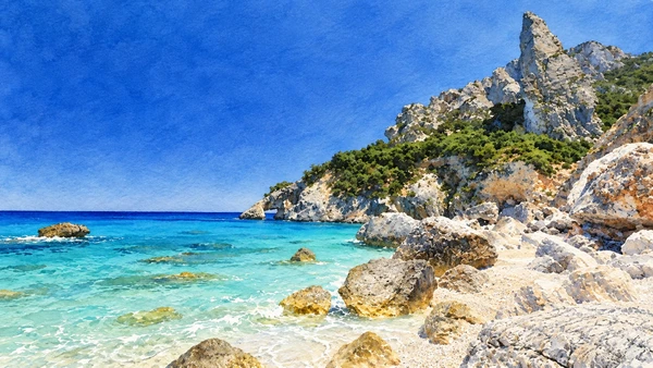 Watercolour: Cala Goloritzè, limestone pinnacle and boulders above turquoise shallows