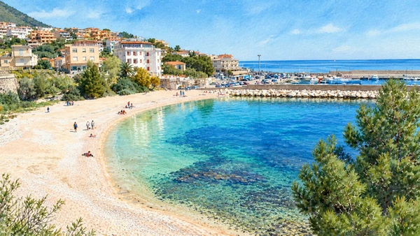 Watercolour: Cala Gonone, Spiaggia Centrale curving toward the small harbour