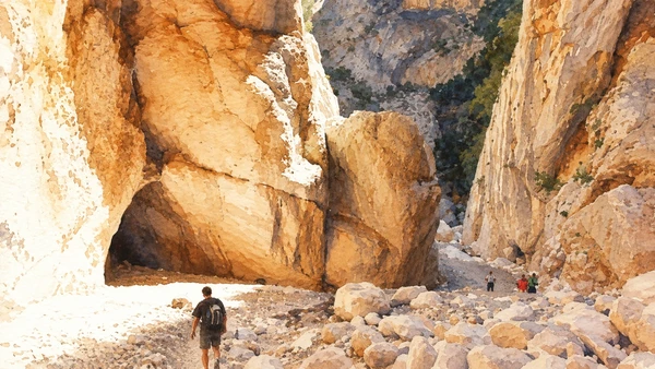 Watercolour: Gorropu, towering limestone walls and boulder-strewn passage with hikers for scale