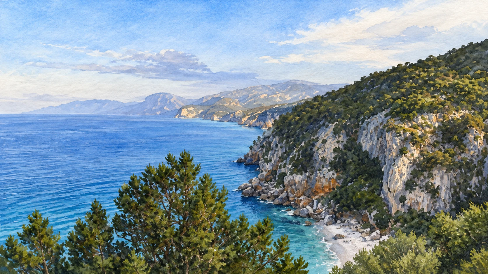 Watercolour: Gulf of Orosei and Ogliastra establishing view