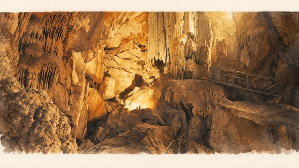 Watercolour: Ispinigoli, illuminated mineral formations and the managed visitor railing
