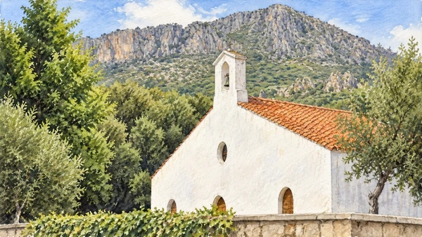 Watercolour: Santa Maria Navarrese, white church and bellcote with tiled roof and mountain backdrop
