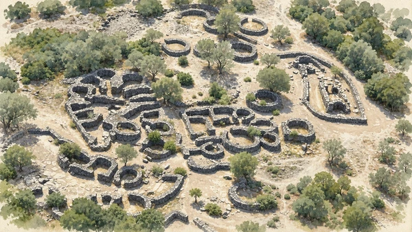 Watercolour: Serra Orrios, elevated view of excavated circular basalt houses and courts