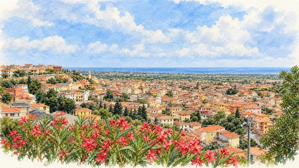 Watercolour: Orosei, elevated panorama over tiled roofs and church towers toward the coastal plain