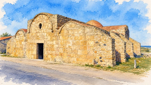Watercolour: San Giovanni di Sinis, sandstone church with low entrance front, circular opening and dome