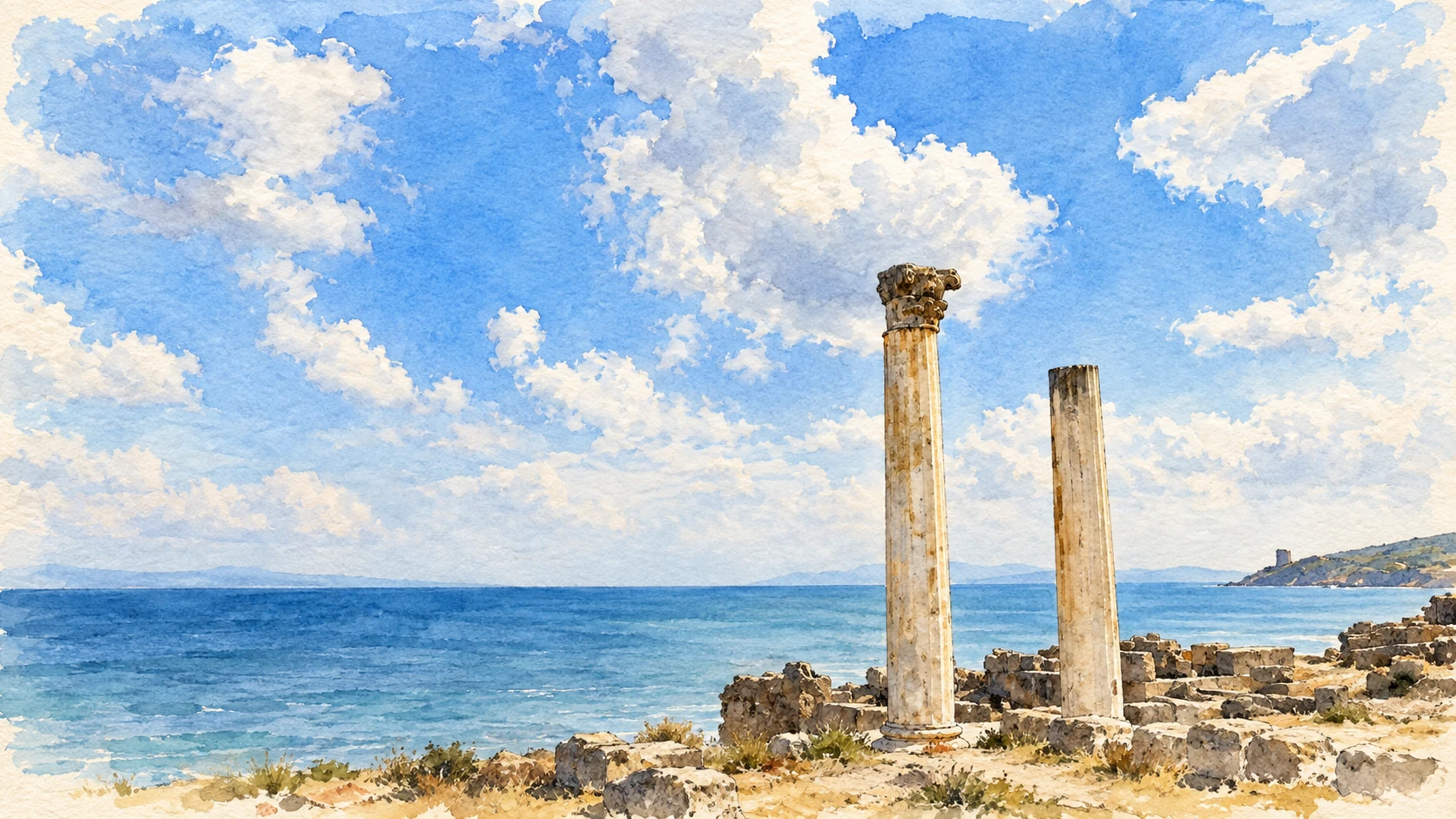 Watercolour: Tharros and the Sinis establishing view