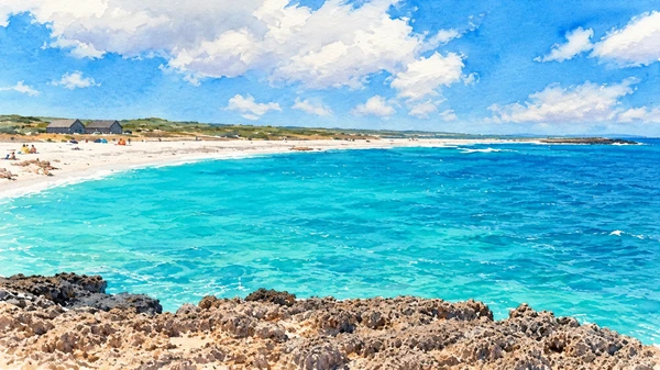 Watercolour: Is Arutas, pale quartz beach curving beside clear blue sea