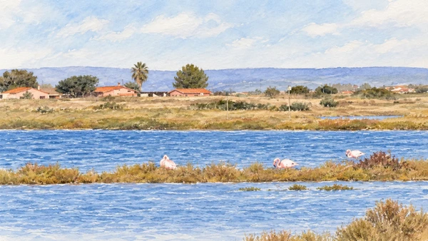Watercolour: Mistras lagoon, small flamingos on a low grassy bank with fields and roofs beyond