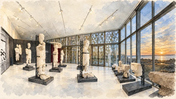 Watercolour: Cabras museum, Sala Paesaggio with conserved fragmentary sculpture and glass overlooking the landscape