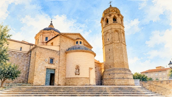 Watercolour: Oristano cathedral, side elevation and octagonal bell tower above broad stone steps