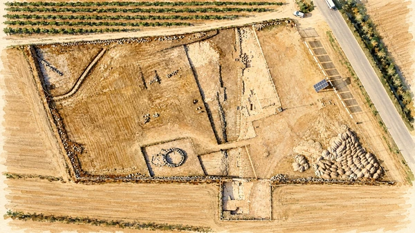 Watercolour: Mont’e Prama excavation, aerial field layout documented after the 2022 campaign