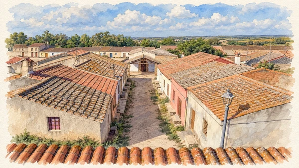 Watercolour: San Salvatore di Sinis, low village roofs and a quiet lane between cumbessias